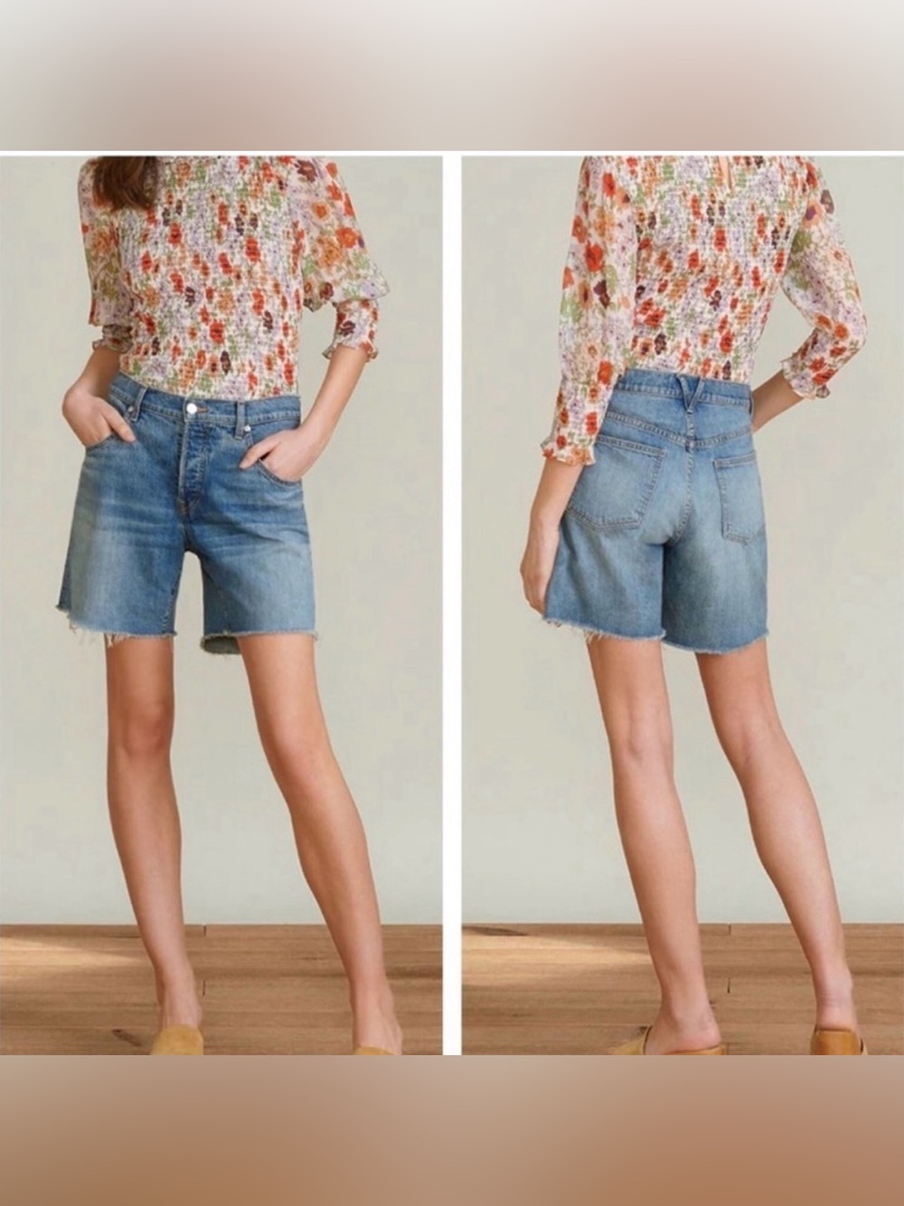 Veronica Beard Jean Shiloh Relaxed Fit Denim Shorts Blue Frayed Raw Hem